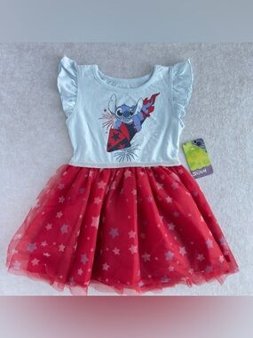 Disney Stitch Girls Size 4 Patriotic 4th of July Tulle Dress Red White Blue NWT